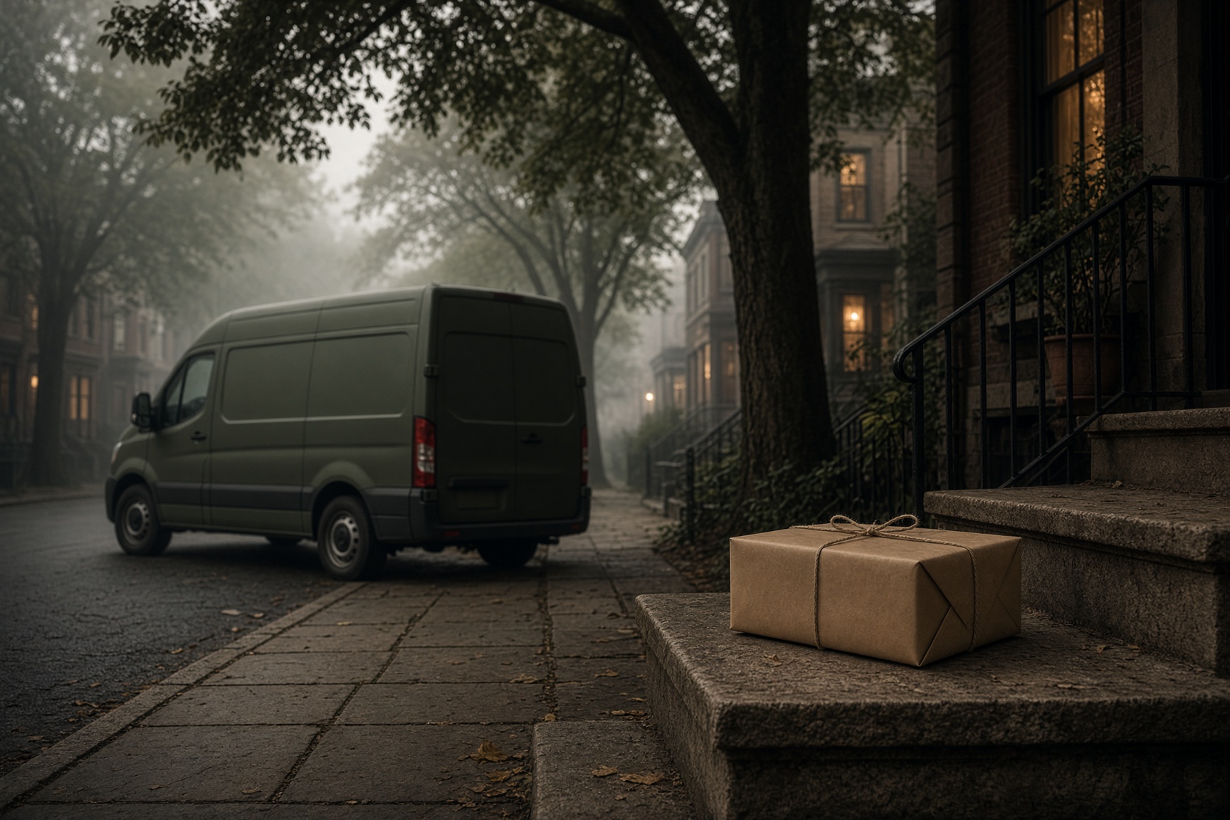 Olive delivery van on a foggy residential street at dawn